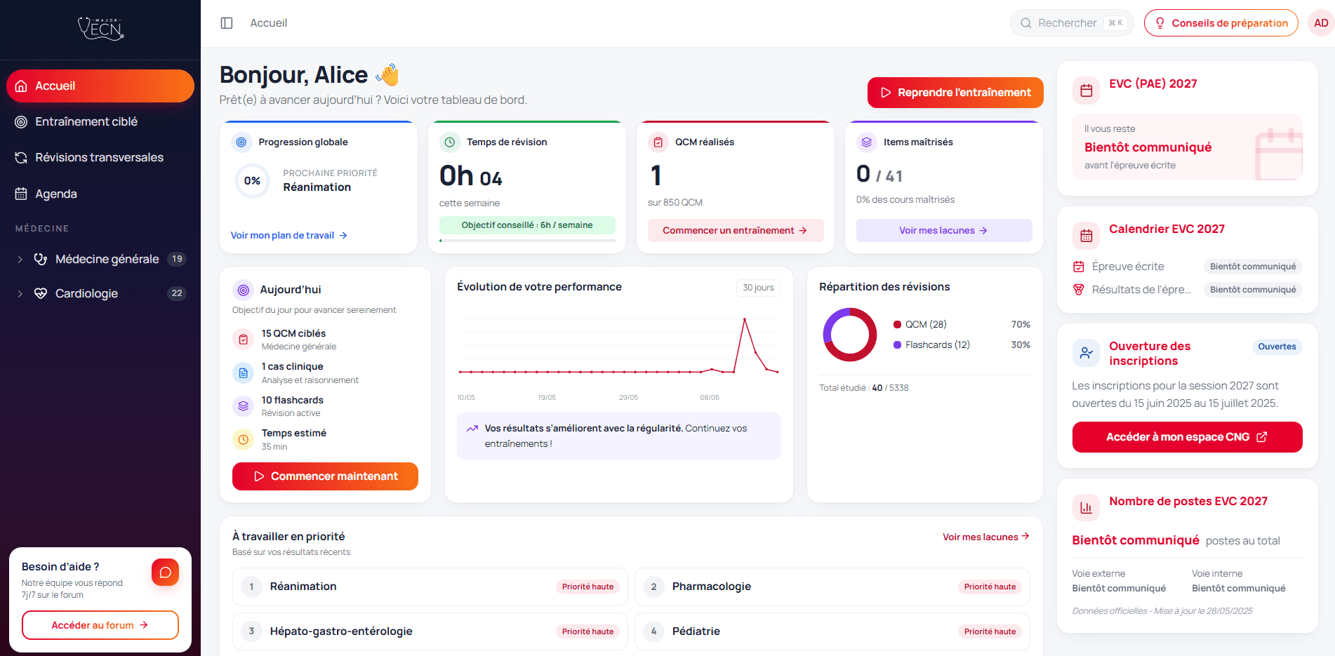 Aperçu de la plateforme Major ECN — tableau de bord étudiant