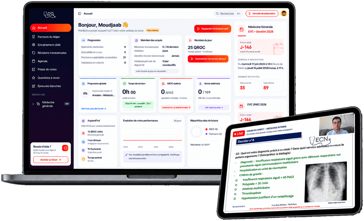 Plateforme Major ECN — tableau de bord de préparation aux EVC et cours en direct avec un enseignant
